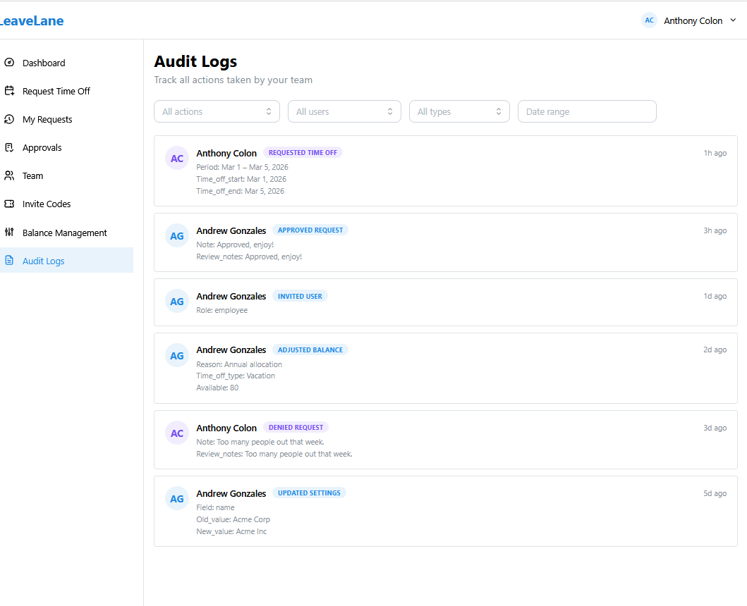 Audit Logs — filterable event history