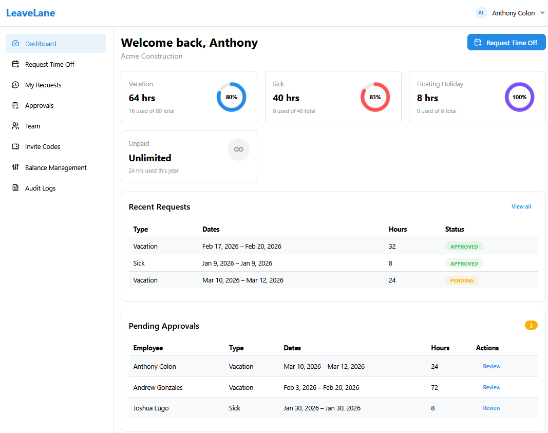 LeaveLane Dashboard — PTO balances, recent requests, and pending approvals