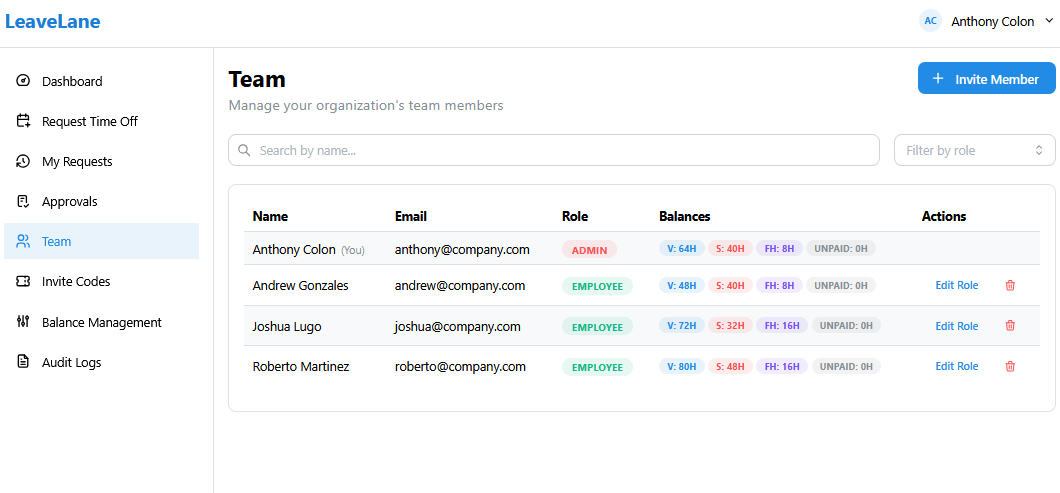 Team Management — role editing, member controls